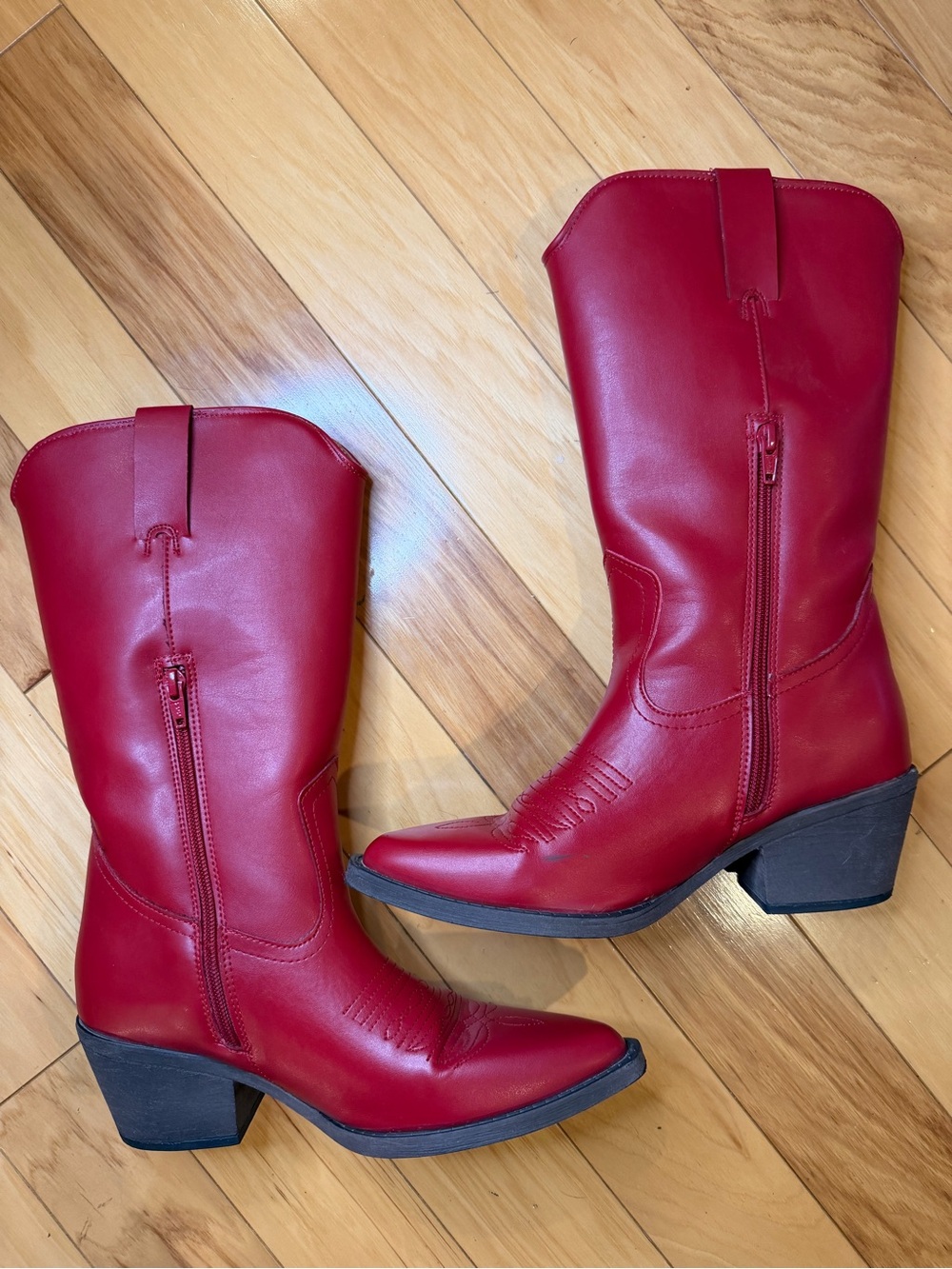 Vibrant Red Western Cowboy Boots | Pointed Toe Vegan Faux Leather Mid-Calf Boots - Picture 6 of 10